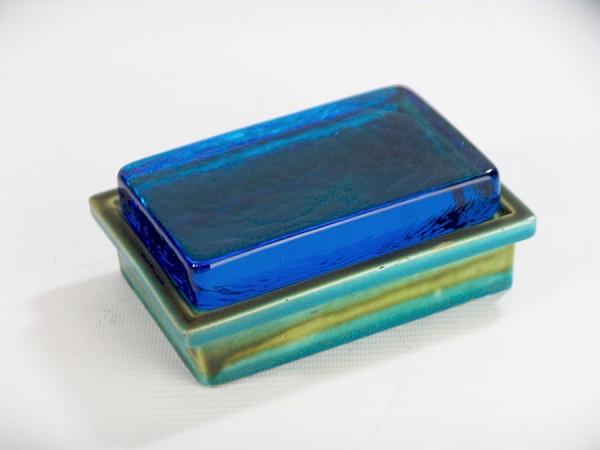 60er Jahre Keramik Deckeldose mit Glasdeckel - blau