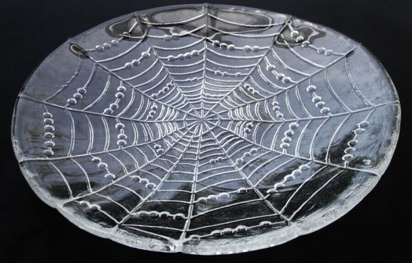 3 kg schwere, dicke Eisglas Schale um70 - Spinnennetz - Tautropfen