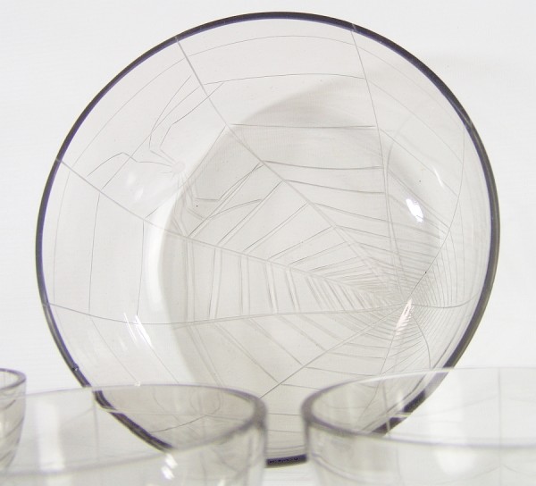 70er Jahre Glas Schüssel und 4 Schälchen Dekor : Spinnennetz + Spinne