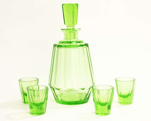 Art Deco Glas Karaffe mit 4 Likörgläsern - Grün