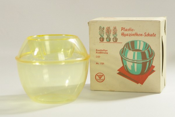 50er Jahre Hyazinthen Schale / Vase - Keil Plastic - gelb - OVP